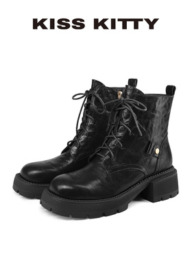 KISSKITTY马丁靴女款2025秋冬新款羊皮黑色厚底复古英伦风短女靴