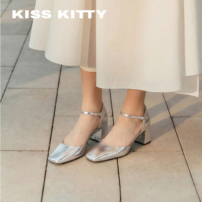 KISSKITTY一字带包头凉鞋女2026年新款法式银色高跟玛丽珍单鞋
