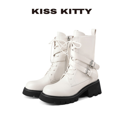 KISSKITTY马丁靴女白色英伦风复古皮带扣靴子短筒辣妹显瘦短靴女