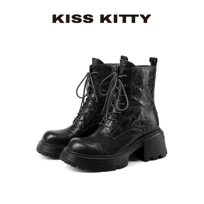 KISSKITTY马丁靴女款2025秋冬新款羊皮黑色厚底复古英伦风短女靴