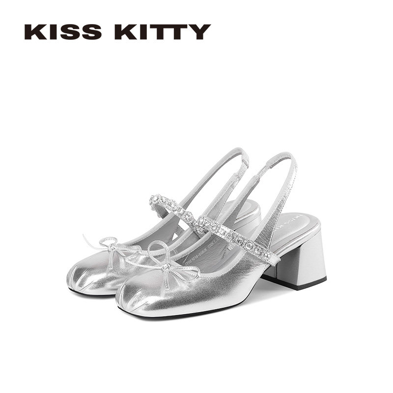KISSKITTY贝拉晨露 后空凉鞋夏季新款牛皮蝴蝶结高跟鞋粗跟不累脚,女鞋,时装凉鞋,淘宝优惠券,粉丝福利购,淘宝优惠卷