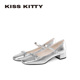 KISSKITTY复古粗跟玛丽珍鞋 不累脚 蝴蝶结银色芭蕾鞋 26年新款 法式