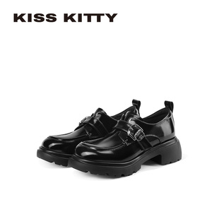 KISSKITTY厚底乐福鞋女黑色小皮鞋2026新款皮带扣增高圆头单鞋