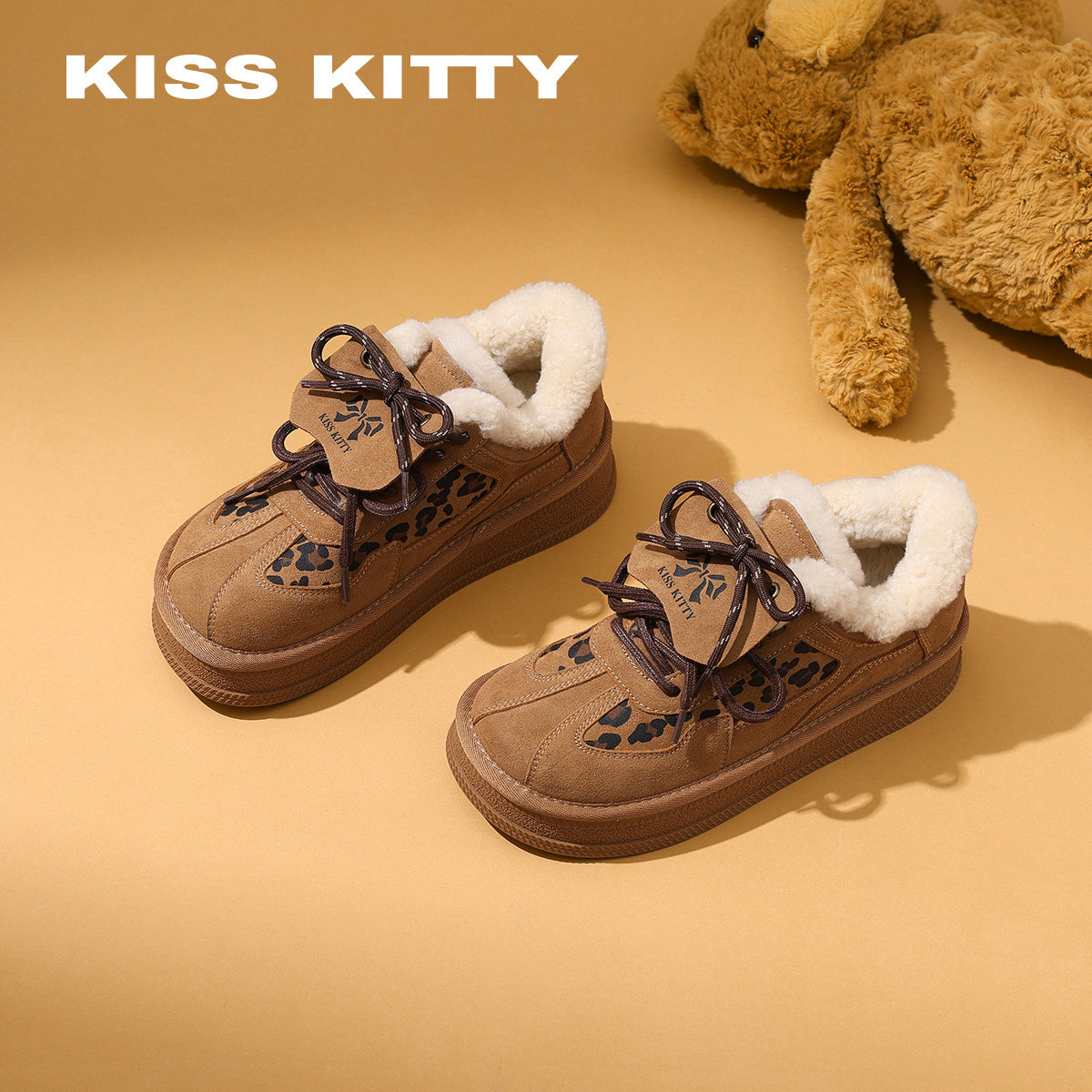 KISSKITTY毛毛棉鞋女2025冬季新款厚底休闲德训鞋加绒保暖雪地靴