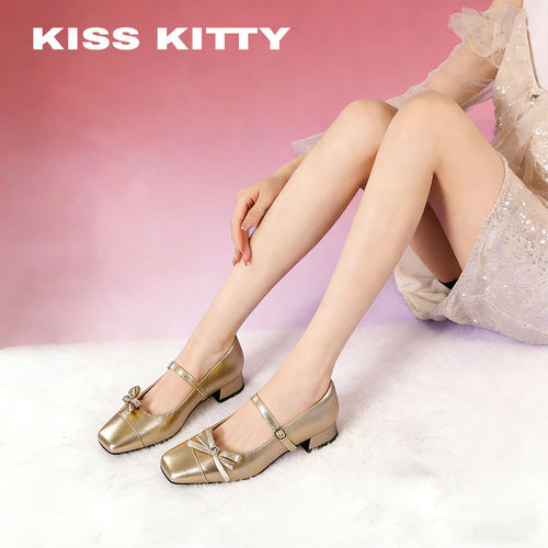 KISSKITTY金色蝴蝶结玛丽珍鞋女2026春新款方头粗跟甜美气质单鞋