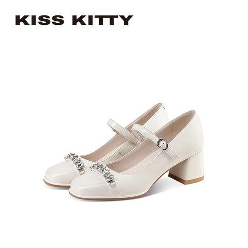 KISSKITTY玛丽珍鞋女2026春新款法式方头高跟优雅甜美粗跟单鞋