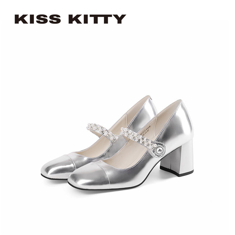 KISSKITTY玛丽珍鞋女26春新款方头复古银一字带高跟鞋不累脚单鞋,女鞋,玛丽珍鞋,淘宝优惠券,粉丝福利购,淘宝优惠卷