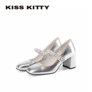 KISSKITTY玛丽珍鞋 方头复古银一字带高跟鞋 不累脚单鞋 女26春新款