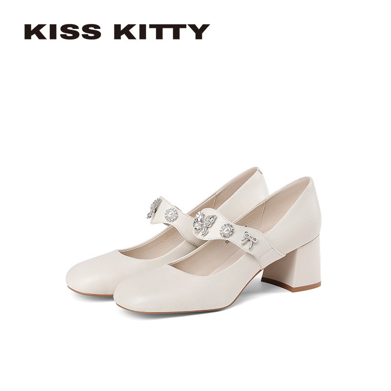 KISSKITTY羊皮玛丽珍鞋26春新款粗跟不累脚高跟鞋方头蝴蝶结女鞋,女鞋,玛丽珍鞋,淘宝优惠券,粉丝福利购,淘宝优惠卷