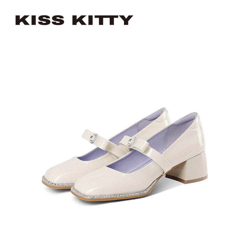KISSKITTY蝴蝶小姐 玛丽珍鞋不累脚高跟鞋珍珠蝴蝶结方头米白单鞋,女鞋,玛丽珍鞋,淘宝优惠券,粉丝福利购,淘宝优惠卷