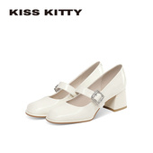 KISSKITTY珠光玛丽珍鞋 方头粗跟不累脚女单鞋 新款 皮带扣高跟鞋
