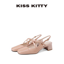 KISSKITTY包头后空凉鞋女夏季2025粉色方头高跟鞋法式粗跟女鞋子