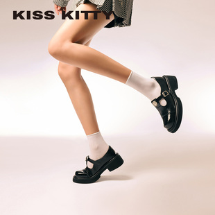 KISSKITTY小皮鞋女2025新款黑色百搭深口单厚底英伦风牛皮乐福鞋