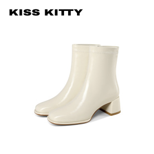 KISSKITTY奶白牛皮时装短靴女2026冬季新款法式粗跟弹力瘦瘦靴子
