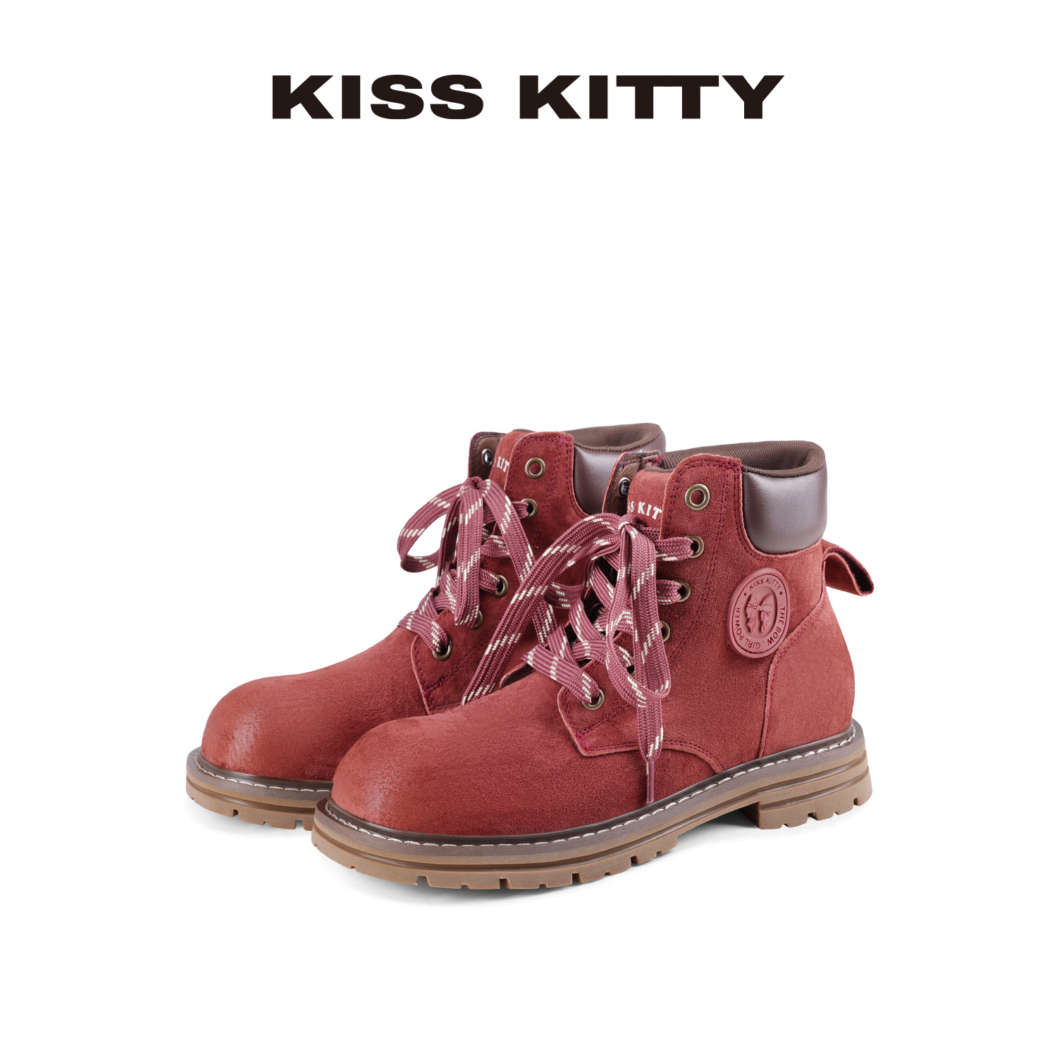KISSKITTY厚底复古红色马丁靴女2025新款真皮英伦风工装短靴女