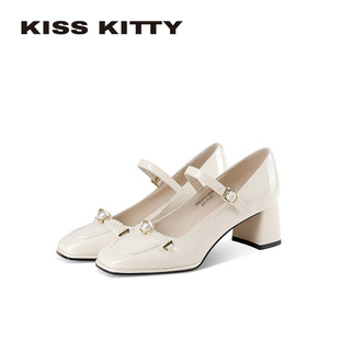粗跟高跟鞋 KISSKITTY奶白珍珠 玛丽珍女鞋 26新款 不累脚方头单鞋