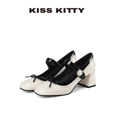 KISSKITTY蝴蝶结粗跟浅口单鞋