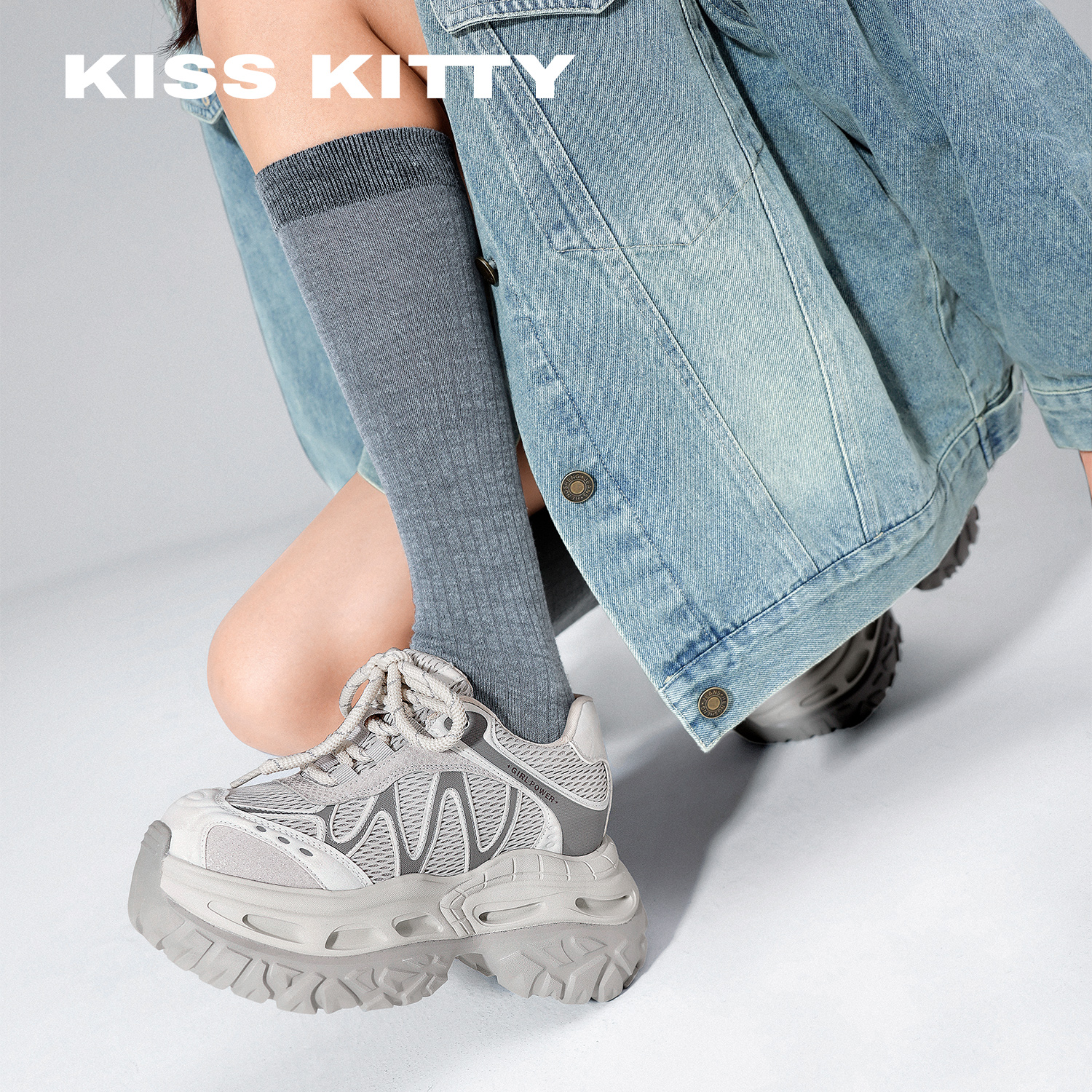 KISSKITTY潮流厚底内增高老爹鞋2025年新款秋季复古休闲运动鞋女