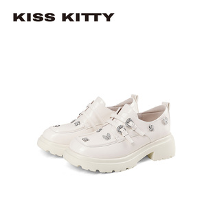 KISSKITTY乐福鞋女高级感水钻白色厚底小个子增高百搭深口小皮鞋