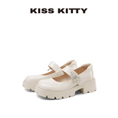 米白色不累脚女鞋 KISSKITTY25年新款 厚底玛丽珍一字带珍珠扣单鞋