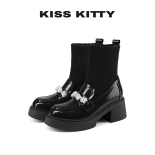 KISSKITTY粗跟珍珠瘦瘦靴冬季新款弹力靴法式百搭增高5.5cm短靴女