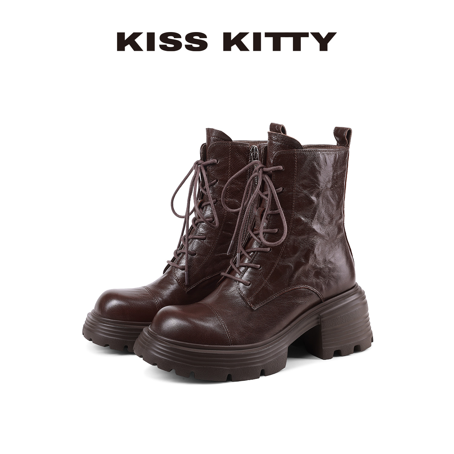 KISSKITTY马丁靴女款2025秋冬新款羊皮棕色厚底复古英伦风短女靴