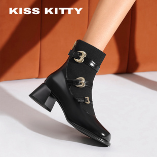 KISSKITTY高跟玛丽珍袜靴瘦瘦靴女2025粗跟方头显瘦子弹力短靴子