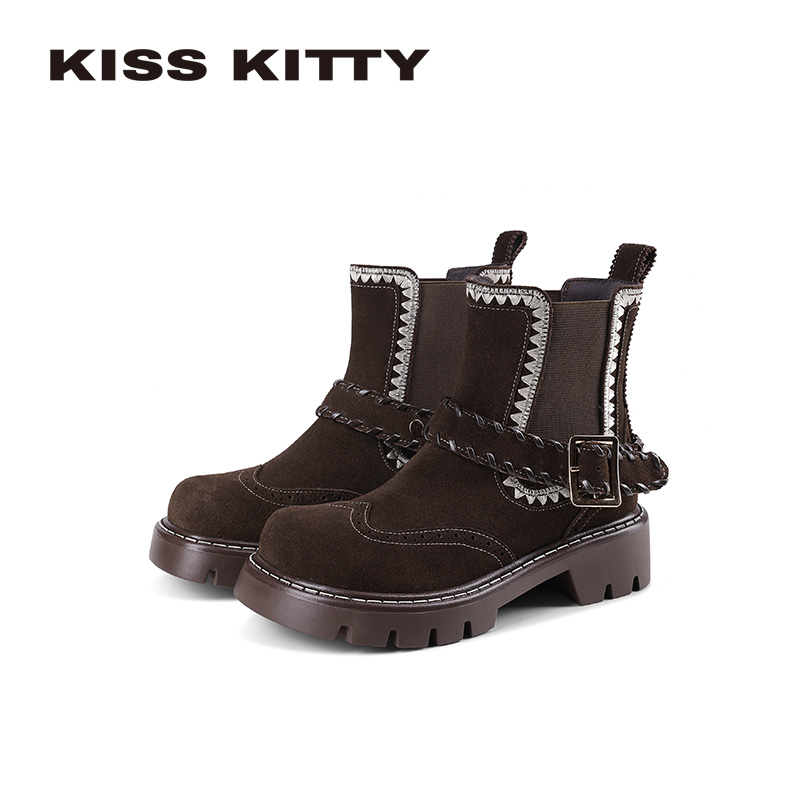 KISSKITTY朋克切尔西靴冬季新款厚底粗跟短靴女皮带扣加绒马丁靴