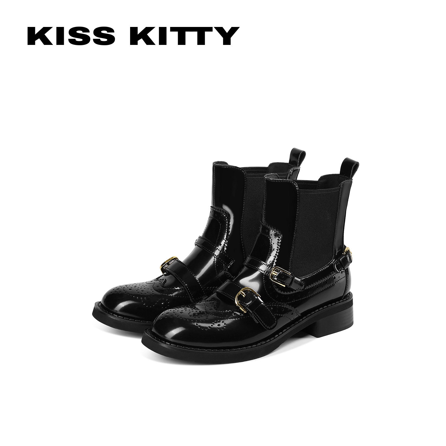 KISSKITTY瘦瘦靴女款2026新款巴洛克黑色短筒百搭切尔西短靴子