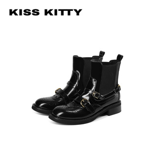 KISSKITTY瘦瘦靴女款2026新款巴洛克黑色短筒百搭切尔西短靴子