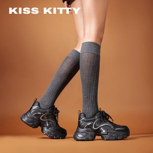 KISSKITTY超火老爹鞋女款2026春新款黑色百搭厚底休闲鞋羊皮垫
