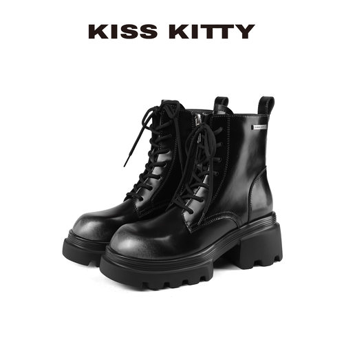 KISSKITTY马丁靴2025春秋新款英伦风圆头厚底百搭系带短靴女靴子