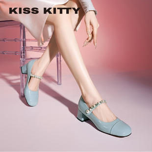 KISSKITTY法式粗跟玛丽珍鞋26年新款珍珠早春漂亮单鞋女款配裙子