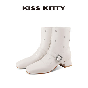 KISSKITTY方扣玛丽珍短靴女2025冬季新款弹力靴法式粗跟瘦瘦靴
