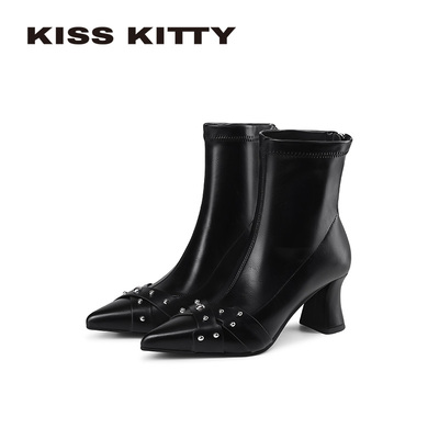 KISSKITTY金属铆钉尖头高跟短靴女2025新款秋冬黑色高级感瘦瘦靴