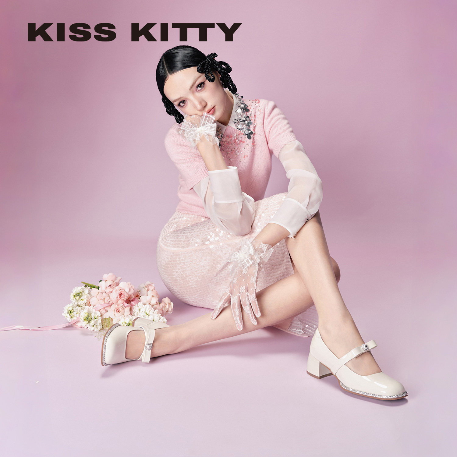 KISSKITTY蝴蝶小姐 玛丽珍鞋不累脚高跟鞋珍珠蝴蝶结方头米白单鞋,女鞋,玛丽珍鞋,淘宝优惠券,粉丝福利购,淘宝优惠卷