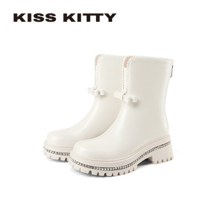 KISSKITTY瘦瘦靴女蝴蝶结白色保暖单靴小个子超厚底短筒烟筒靴