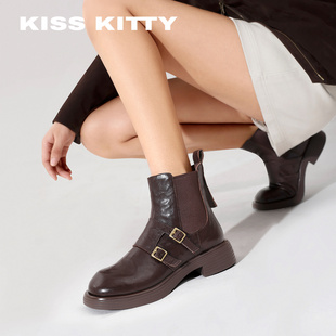 KISSKITTY切尔西靴女2025秋冬新款双皮带扣英伦风平底瘦瘦靴短靴