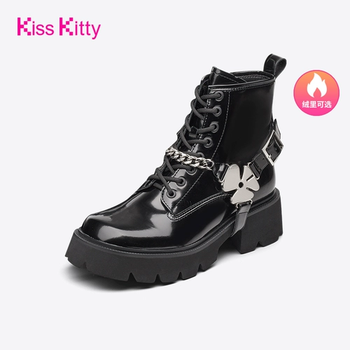 [Kiss Kitty厚底粗跟马丁靴女链条甜酷靴子英伦风机车靴白色短靴子]