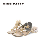 水晶跟单鞋 KISSKITTY甜奢鎏金 新款 粗跟花瓣凉拖鞋 高跟凉鞋 女夏季