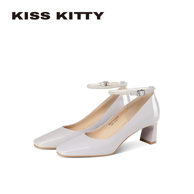 KISSKITTY一字扣带高跟鞋女2026春季新款真皮法式方头粗跟单鞋,女鞋,浅口单鞋,淘宝优惠券,粉丝福利购,淘宝优惠卷