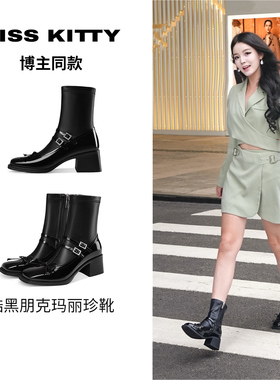 KISSKITTY博主同款玛丽珍时装短靴女2025秋黑色粗跟蝴蝶结瘦瘦靴