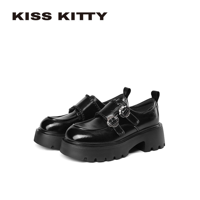 KISSKITTY英伦风厚底乐福鞋女款2026新款复古黑色小皮鞋