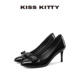 KISSKITTY黑色蝴蝶结高跟鞋 百搭通勤女鞋 25年新款 细跟牛皮单鞋