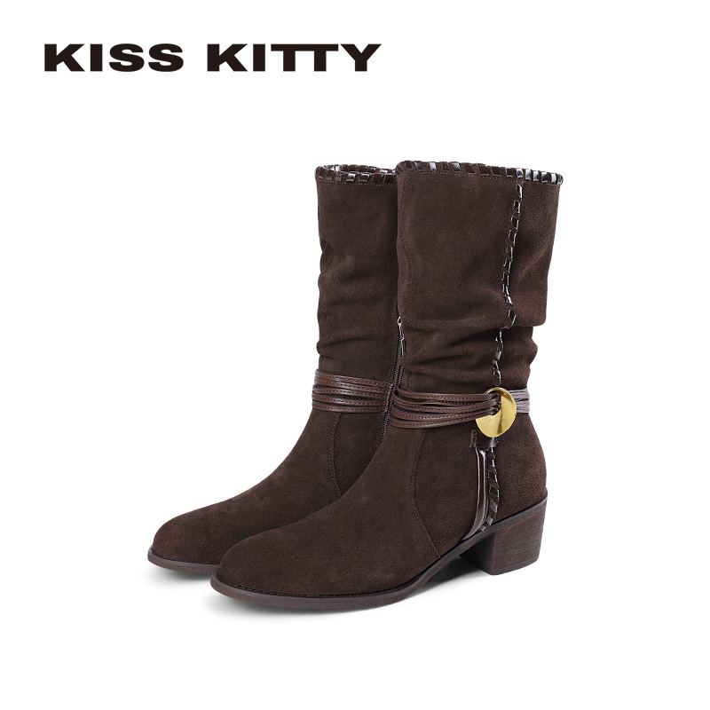 KISSKITTY中筒堆堆女2025冬新款复古美拉德粗跟加绒牛仔西部靴子