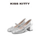 KISSKITTY复古芭蕾风银色高跟鞋 女2025水钻一字带粗跟玛丽珍单鞋