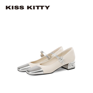 粗跟不累脚单鞋 KISSKITTY法式 复古水钻方头高跟鞋 女新款 玛丽珍鞋