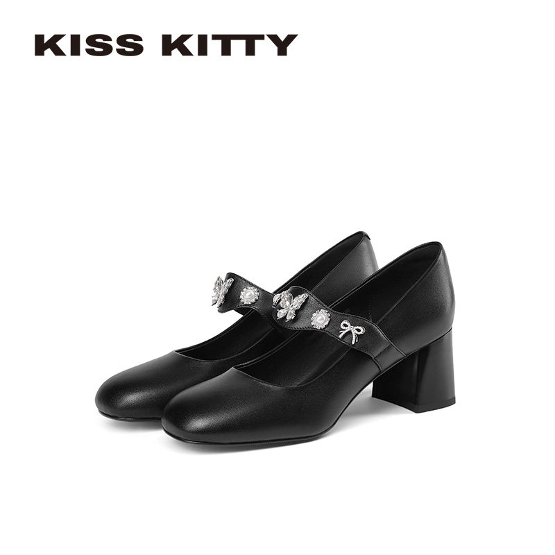 KISSKITTY羊皮玛丽珍鞋26春新款粗跟不累脚高跟鞋方头蝴蝶结女鞋,女鞋,玛丽珍鞋,淘宝优惠券,粉丝福利购,淘宝优惠卷
