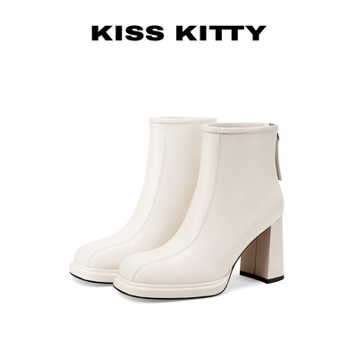 弹力瘦瘦靴拉链粗跟高跟短靴