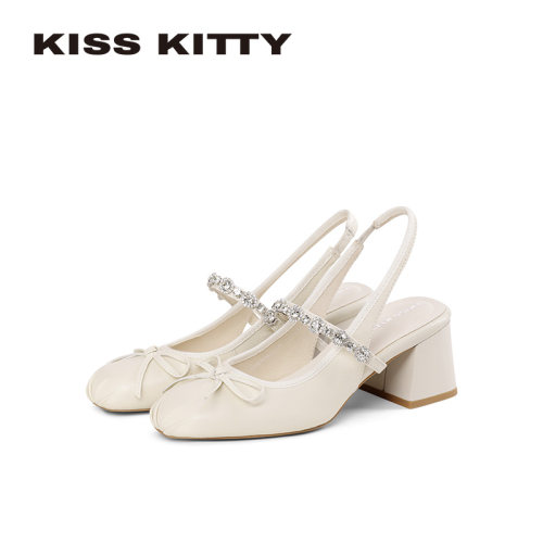 KISSKITTY贝拉晨露 高跟凉鞋女26新款蝴蝶结水钻粗跟芭蕾玛丽珍鞋
